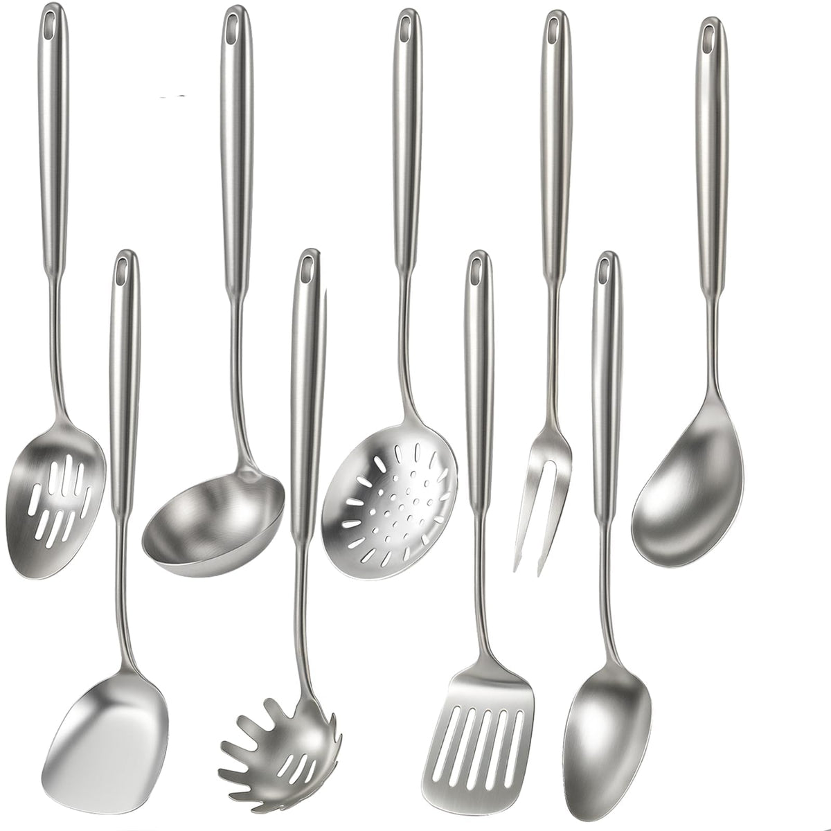Newness 9 Pcs Cooking Utensils Set, 304 Stainless Steel Kitchen Utensils Set, Metal Kitchen Accessories, Include Soup Ladle, Slotted Skimmer Spoon, Spaghetti Spoon and Spatula, Dishwasher Safe