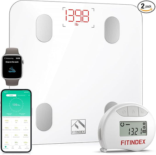 FITINDEX Smart Scale and Tape Measure, Digital Bathroom Scale & Body Tape Measure Sync with APP, Bluetooth Weighing Machine, Body Composition Analyzer, for Health Care