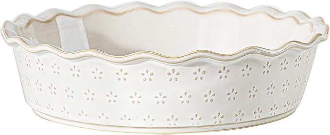 MIKIGEY Deep Pie Dish for Baking, Ceramic Pie Pan for Apple Pie, Tart, Quiche Baking Dish, Farmhouse Decor Pie Plate, Deep Dish Pie Pan, Oven Safe, Off-White, Flower