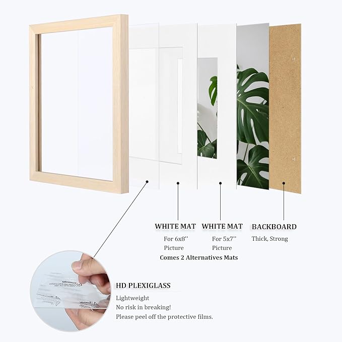 Egofine 9x12 Picture Frame Natural Wood Made of Solid Wood with Plexiglass, Display Pictures 5x7/6x8 with Mat or 9x12 without Mat, for Tabletop and Wall Mounting Photo Frame