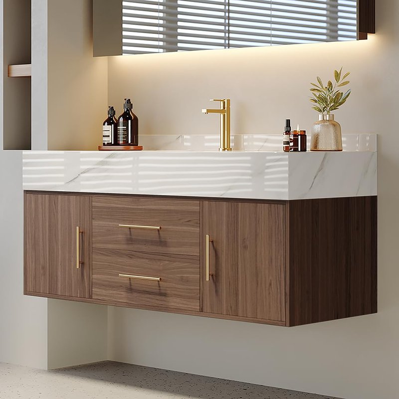 Weibath Floating Bathroom Vanity with Sink, 39.5 Inch Modern Bathroom Vanity Cabinet with Sintered Stone Top, Ceramic Undermount Sink, 2 Drawers, Walnut (Wall Mounted, Gold Handle)