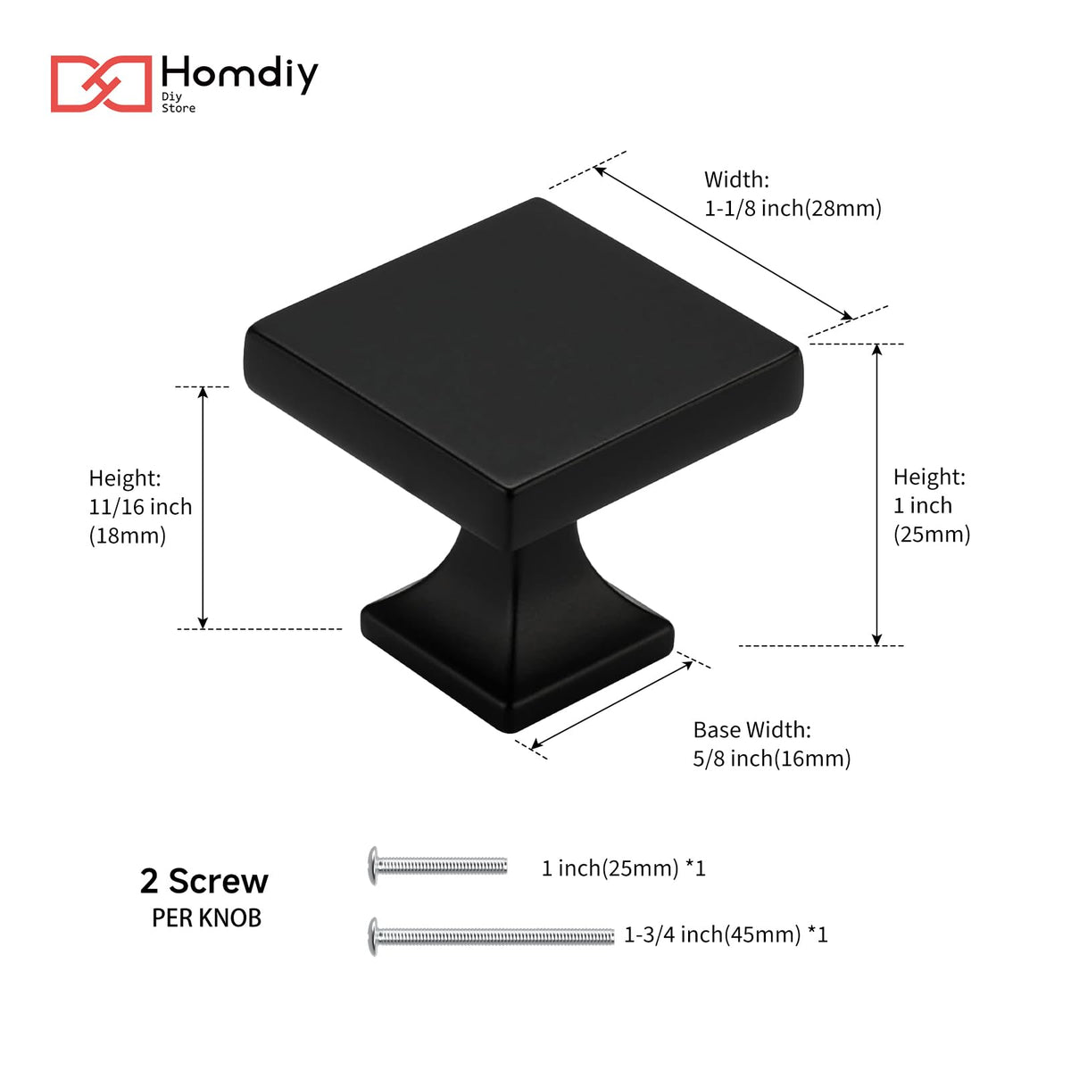 homdiy 25 Pack Black Cabinet Knobs Matte Black Square Dresser Drawer Knobs Zinc Alloy Kitchen Cabinet Hardware