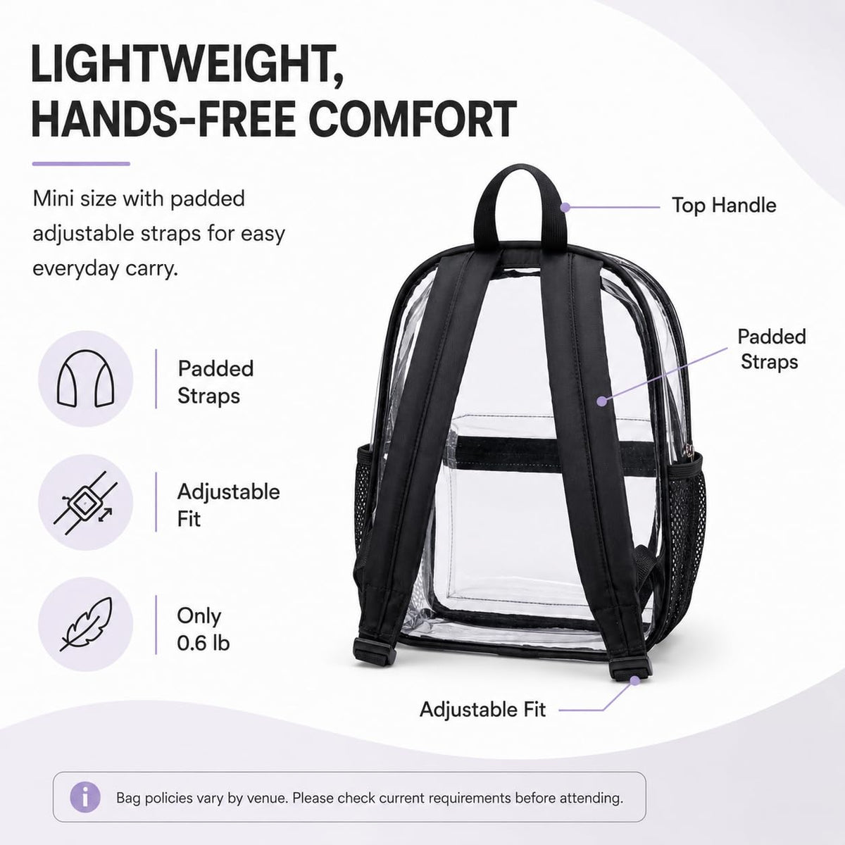 BTOOP Mini Clear Backpack for Stadium Events, 12 x 9 x 5 Inch Transparent PVC Bookbag, Fits Within Common 12x12x6 Stadium Bag Limits, for Concerts, Festivals, Women and Teens