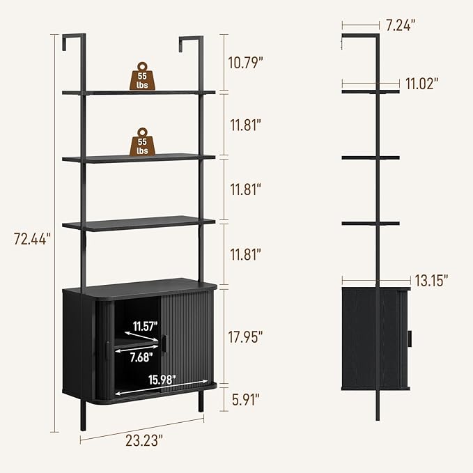 72" Tall Fluted Bookshelf, 4-Tier Open Display Ladder Shelf with Sliding Tambour Doors, Modern Wall Mounted Bookcase Cabinet with Metal Frame for Living Room, Bedroom, Home Office, Black