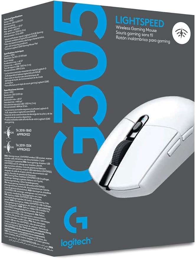 Logitech G305 Lightspeed Wireless Gaming Mouse, Hero Sensor, 12,000 DPI, Lightweight, 6 Programmable Buttons, 250h Battery, On-Board Memory, Compatible with PC, Mac - White