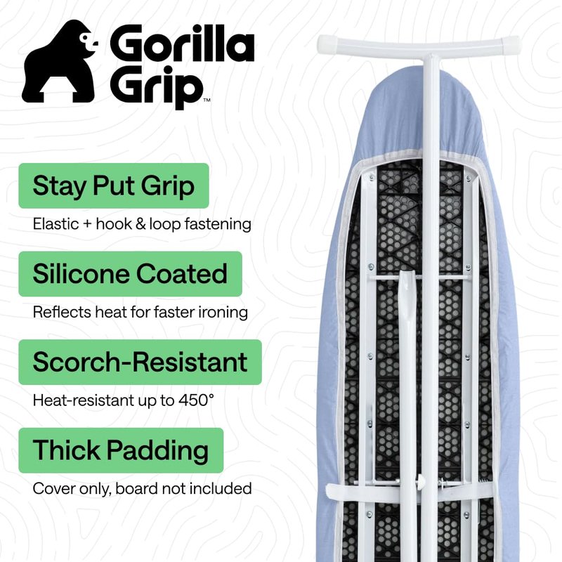 GORILLA GRIP The Original Ironing Board Cover and Pad, Silicone Coating, 400°F Scorch Resistant Thick Padding, Heavy Duty Iron Covers Standard Boards, Hook and Loop Fastener Strap, Blue 18x49