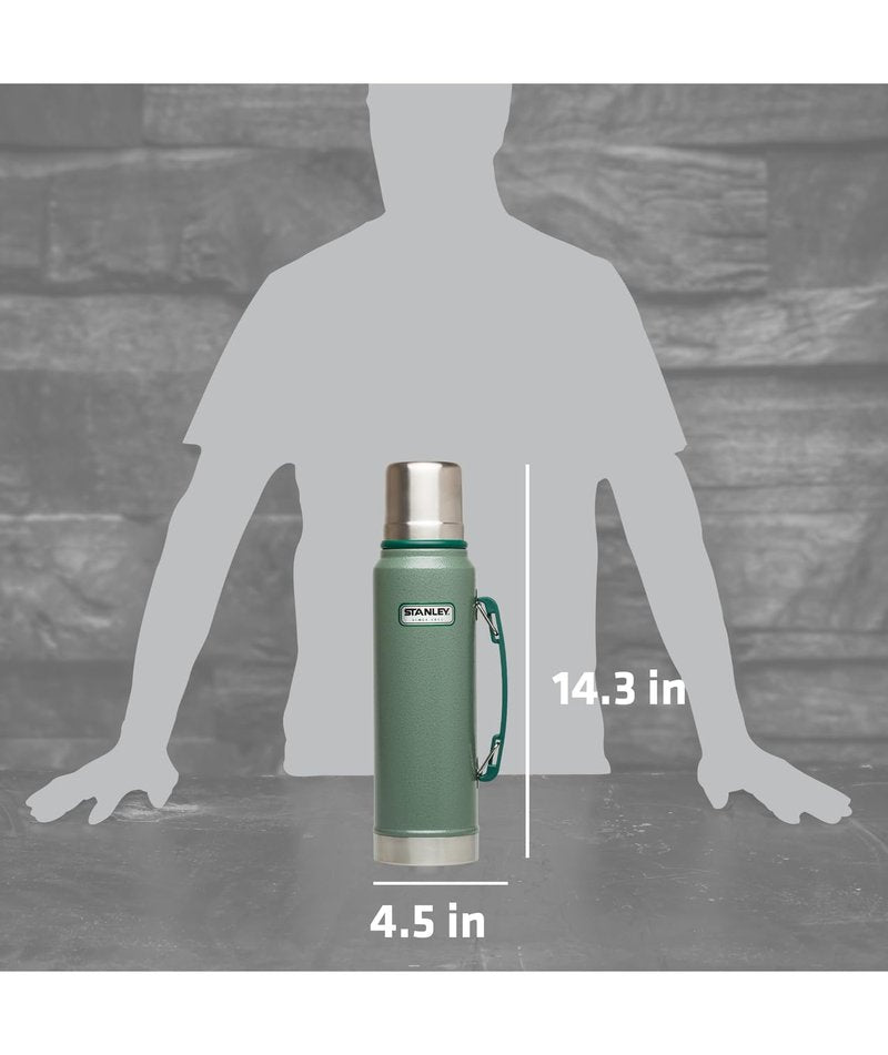 Stanley Heritage Classic Vacuum Bottle with Handle 1.1 qt | Wide Mouth w/Leakproof Cup Lid | Keep Drinks Hot or Cold | Insulated Stainless Steel Thermal Bottle | BPA-Free | Hammertone Green