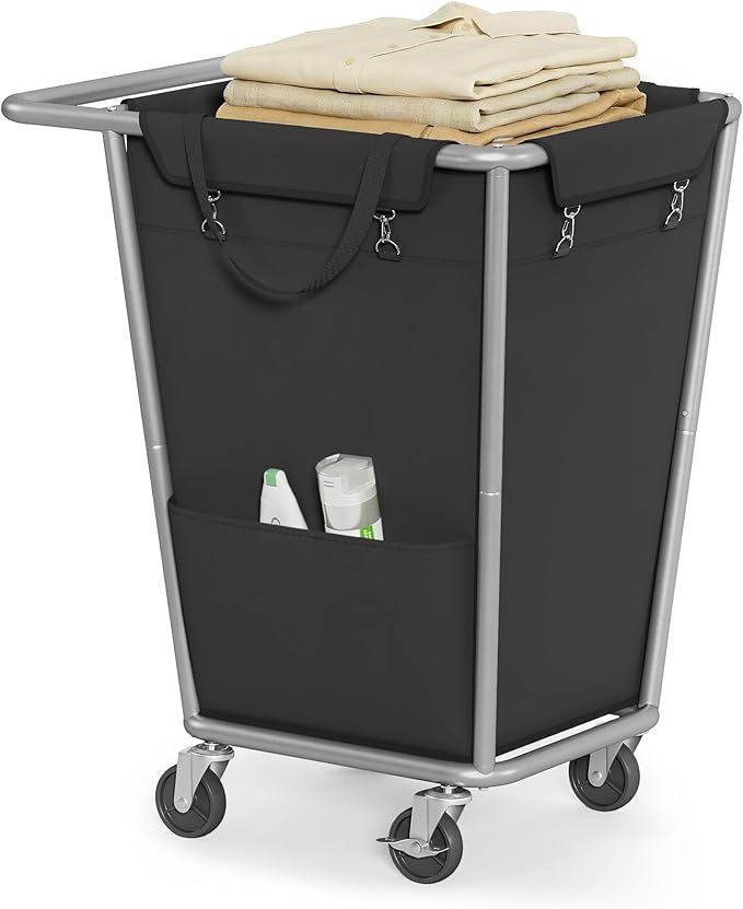 SONGMICS Laundry Basket with Wheels, 34.3 Gallons (130 L) Rolling Laundry Hamper with Removable Bag, Heavy-Duty Steel Frame, Ink Black URLS008B01