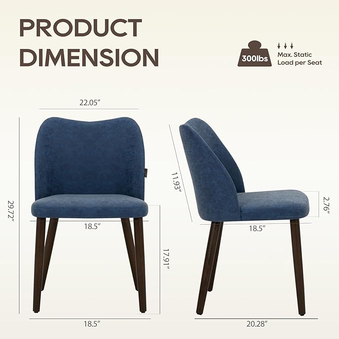Wooden Dining Chairs Set of 2, Upholstered Kitchen Dining Room Chair, Modern Farmhouse Dinner Chair for Restaurant & Cafe, Blue