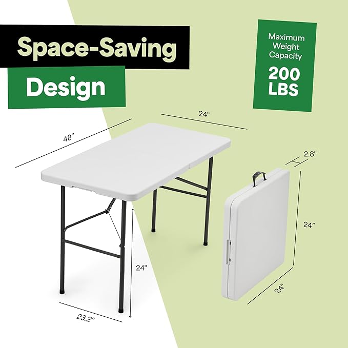 EconoHome White 4ft Folding Table with Handle | Heavy-Duty Foldable Table | Portable Table for Indoor & Outdoor Use | Perfect for Events, Camping, Parties, Dining & More