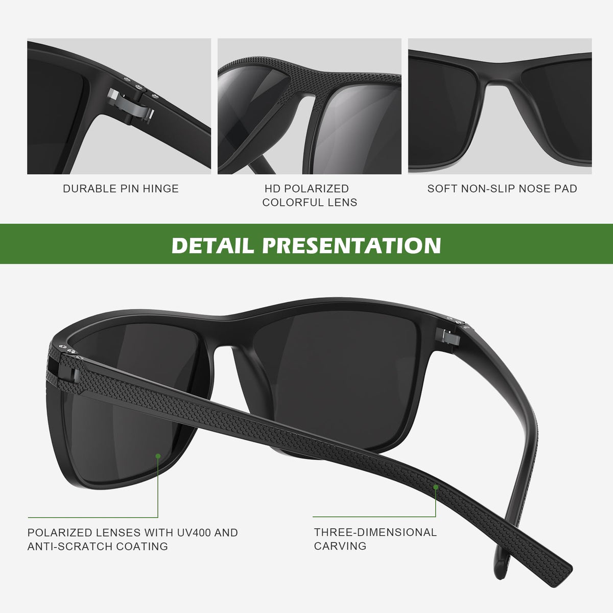 Fanshen Square Polarized Sunglasses for Men, 3 Pack Lightweight UV Protection Sun Glasses for Driving Fishing Golf (Black/Green/Red)
