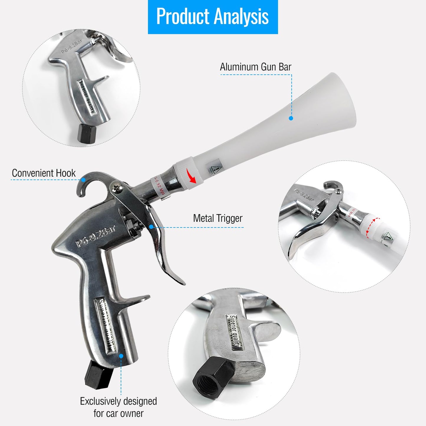 Bqweun Aluminium Car Cleaning Gun with Tapered Nozzle, Air Blower for Car Detailing, Air Blow Blower Gun for Detailing, Car Detailing Tools, Used for Cars, Velvet, Furniture and Carpets