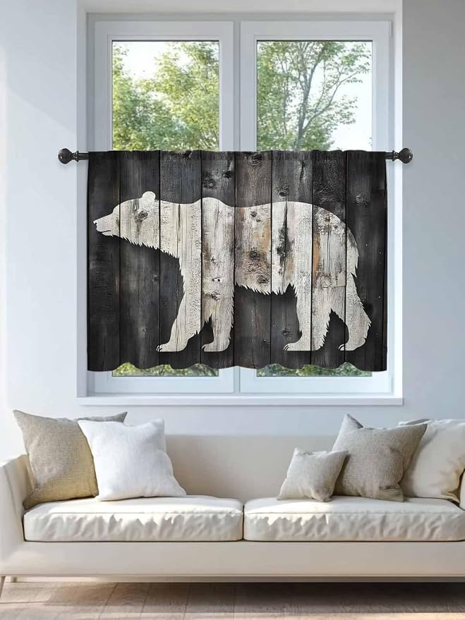 Sheer Curtains 45 Inch Length, Farmhouse Country Vintage Wood Grain Privacy