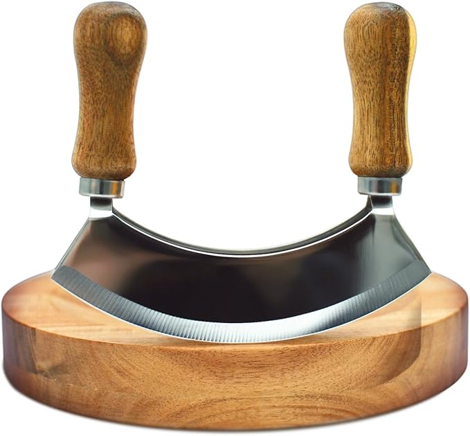 TIYOORTA MEZZALUNA KNIFE AND CUTTING BOARD – Double Blade herb chopper ULU Knife with 8 inch Recessed Board Set– For Efficient Mincing Nuts n Veggies