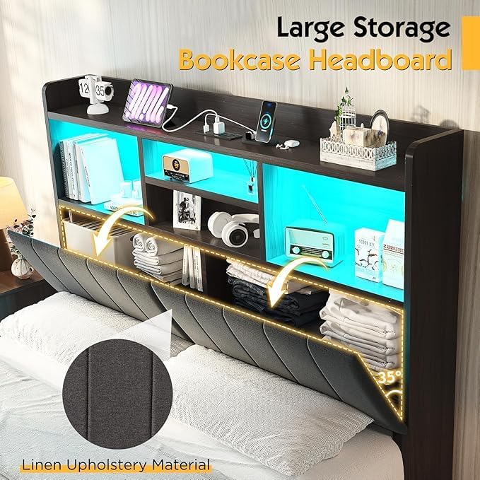 Queen Farmhouse Bed Frame with Bookcase Headboard and 4 Drawers, LED Storage Bed with Charging Station & Linen Upholstered, No Box Spring Needed,Black