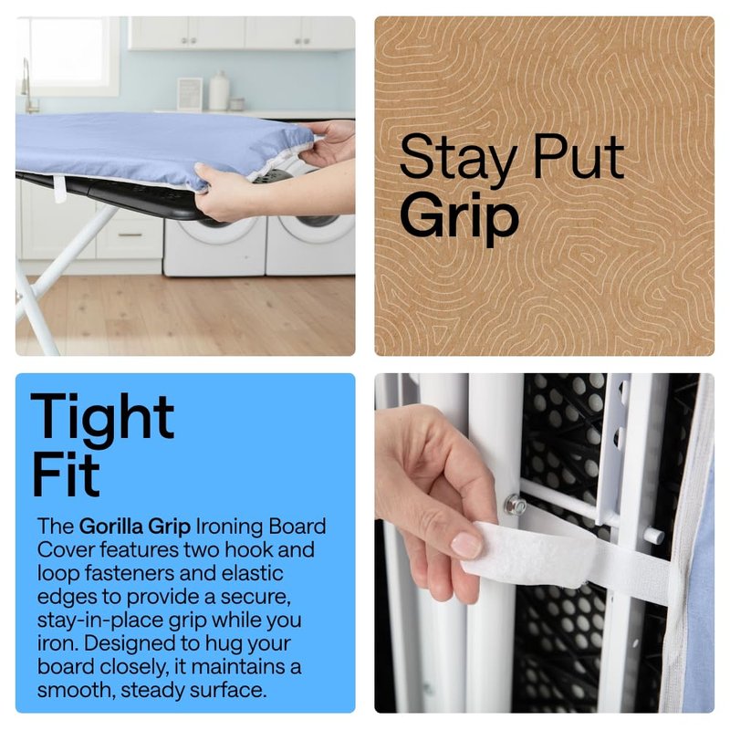 GORILLA GRIP The Original Ironing Board Cover and Pad, Silicone Coating, 400°F Scorch Resistant Thick Padding, Heavy Duty Iron Covers Standard Boards, Hook and Loop Fastener Strap, Blue 18x49