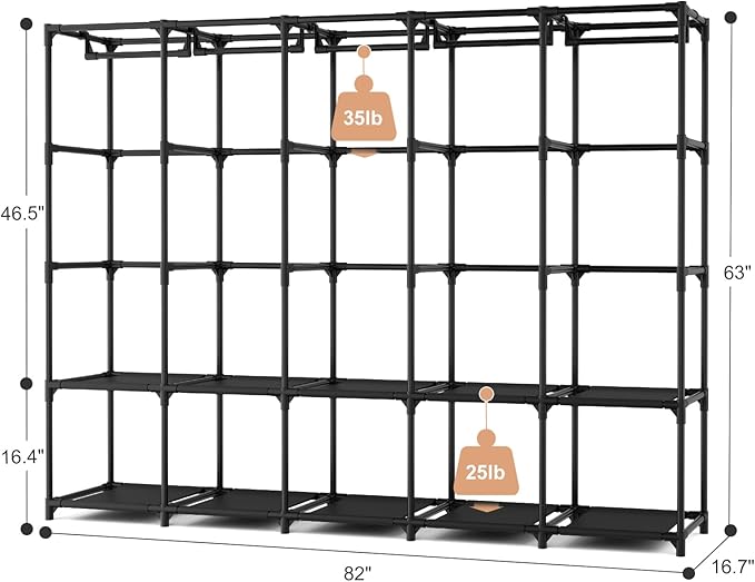 Portable Closet Storage, Portable Wardrobe Closet Organizer Clothes Rack wtih Cover, Hanging Rod, Storage Shelves and Side Pockets, Large Portable Closets for Hanging Clothes, Black