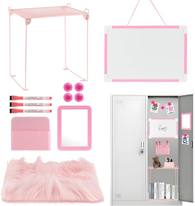 12 Pcs Locker Organizer and Decorating Kit, First Day of School Essentials,Back to School Essentials Locker Decoration, Print Whiteboard with Markers Plush Area Rug String Mirror Magnetic Cup
