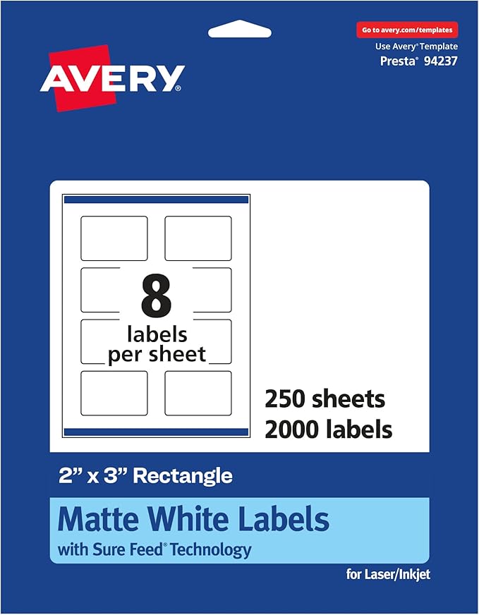 Avery Matte White Rectangle Labels, Sure Feed Technology, 2" x 3", 2,000 Matte White Printable Labels