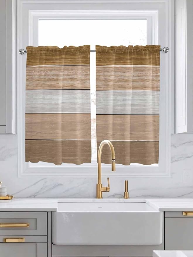 Retro Farm Wood Board Window Valance Curtains, 2 Panel