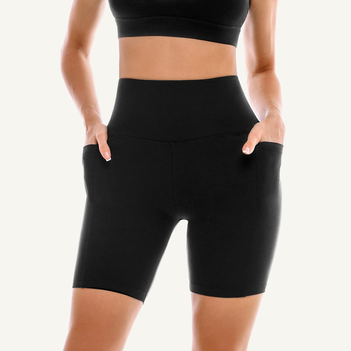 Leafigure 2 Pack Womens Biker Shorts with Pockets, High Waisted Tummy Control Yoga Shorts for Women Running Gym and Workout Black/Brown S-M