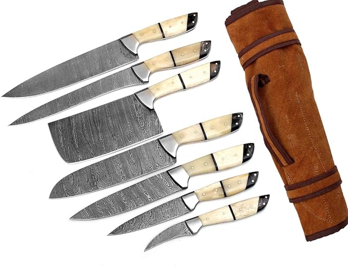 GladiatorsGuild G26- Professional Kitchen Knives Custom Made Damascus Steel 7 pcs of Professional Utility Chef Kitchen Knife Set with Chopper/Cleaver White & Black