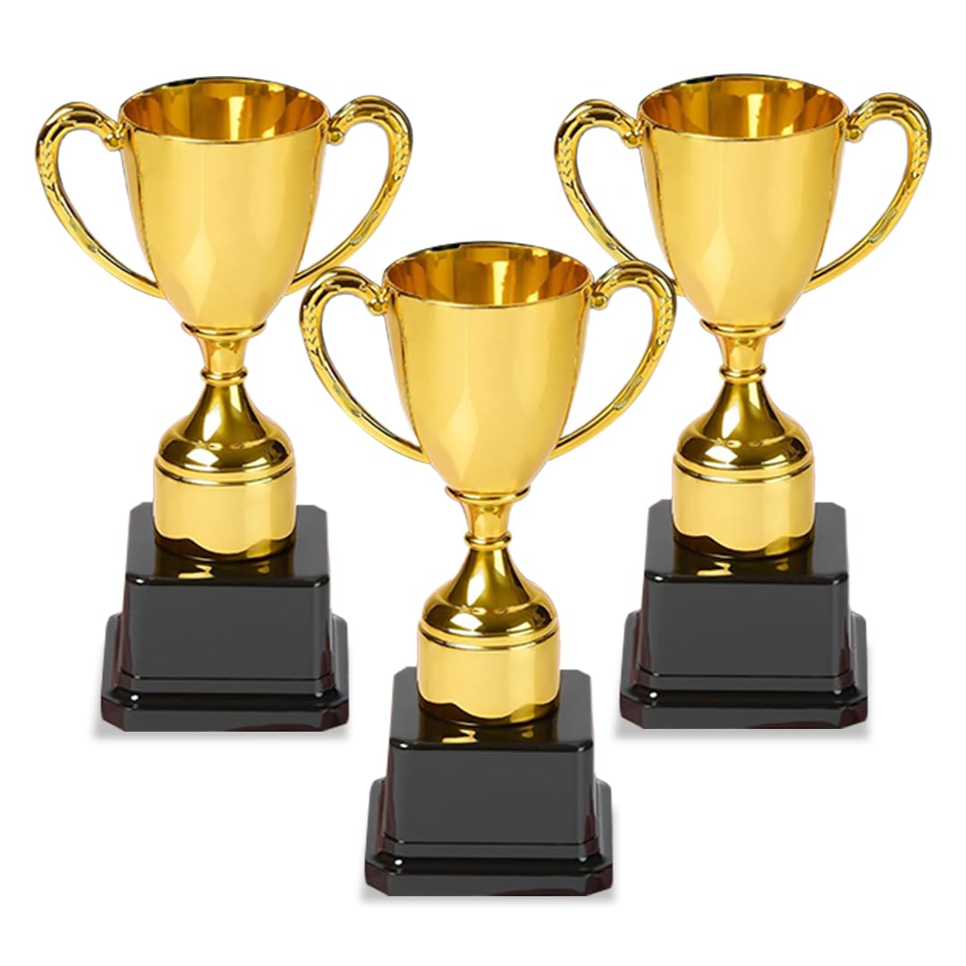 Playbees Fun Gold Plastic Trophies - 3 Pack - 7 Inch - Award Trophy Cup Set for Superstar Kids - Champion Celebrations, Sports Galore, and Victory Vibes - Desktop Toy