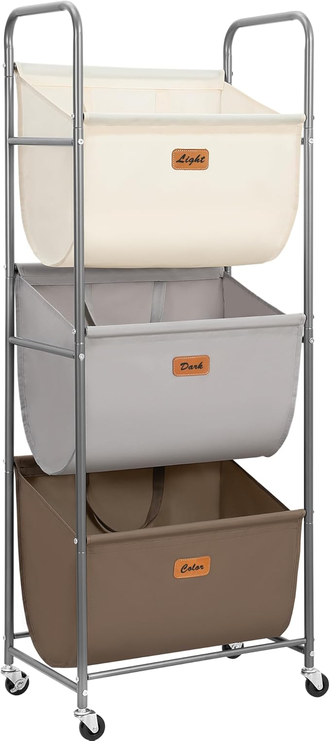 STORAGE MANIAC 120 Liters Vertical Rolling Laundry Hamper, 3 Section Laundry Sorter with Wheels and 2 Breaks, 3-tier Laundry Baskets for Small Space, Dorm, Laundry Room, Closet, Multicolored 3-tier