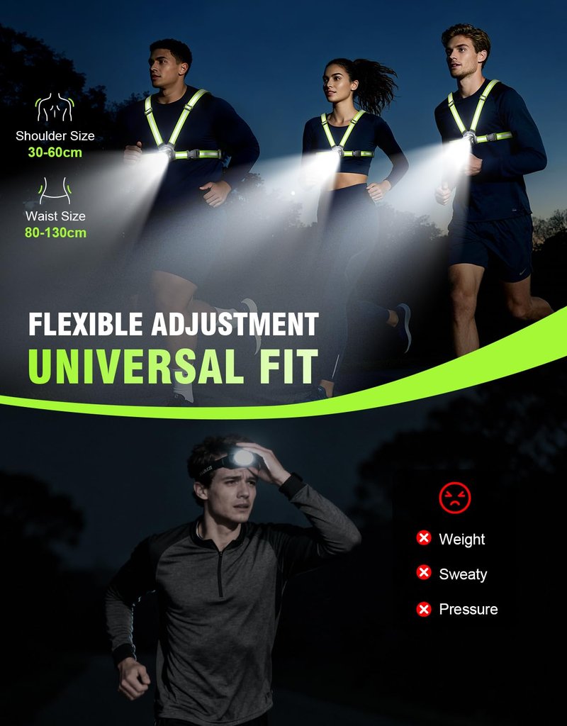 Niweya Running Lights for Runners, 500LM 1800mAh Rechargeable Running Light with 7 Modes & 45° Adjustable Beam, IPX4 Waterproof 360° Light up Gear, Reflective Vest for Night Walking/Jogging/Hiking