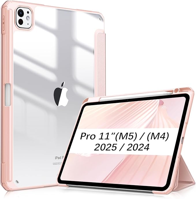 Fintie Hybrid Slim Case for iPad Pro 11-inch (M5) 2025 / (M4) 2024 - [Built-in Pencil Holder] Shockproof Protective Cover with Clear Transparent Back Shell, Rose Gold