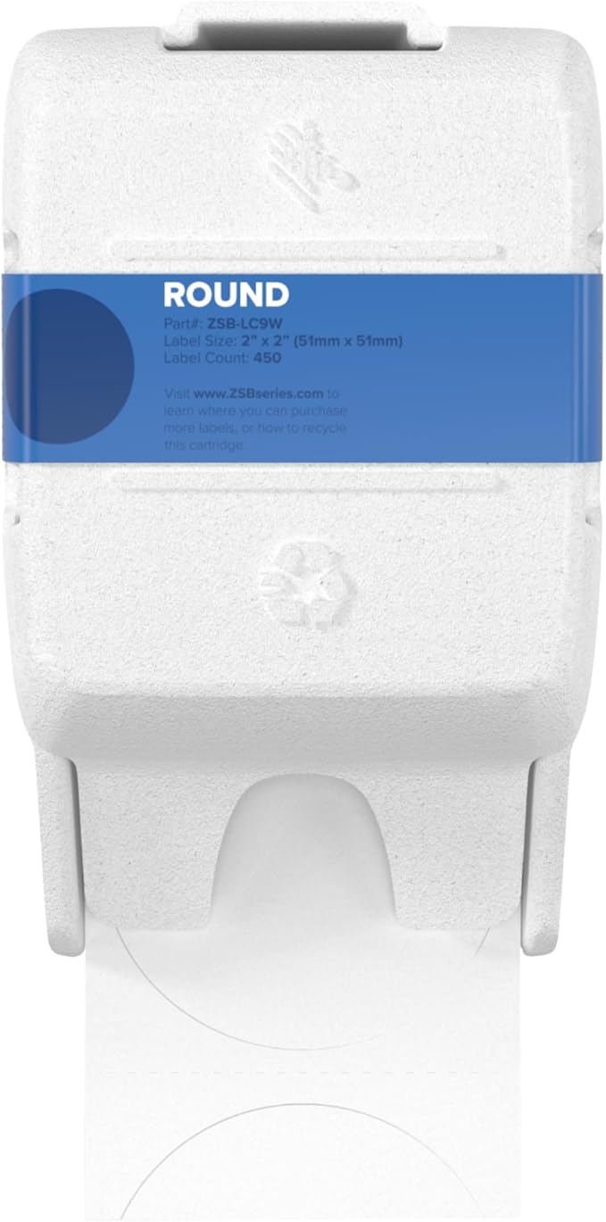 Zebra ZSB Series Labels - Potato Starch-Based Printer Label Paper - Recyclable Cartridge for Stickers - Versatile, Cloud-Based Adhesive - Round, 2" x 2"