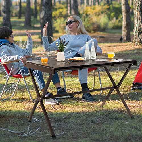 COSTWAY Portable Picnic Table, 28¡¯¡¯ x 43¡¯¡¯ Roll-Up Aluminum Beach Table with Carry Bag for 4-6 Person, Folding Camping Table with Sturdy X-Shaped Frame (Brown)