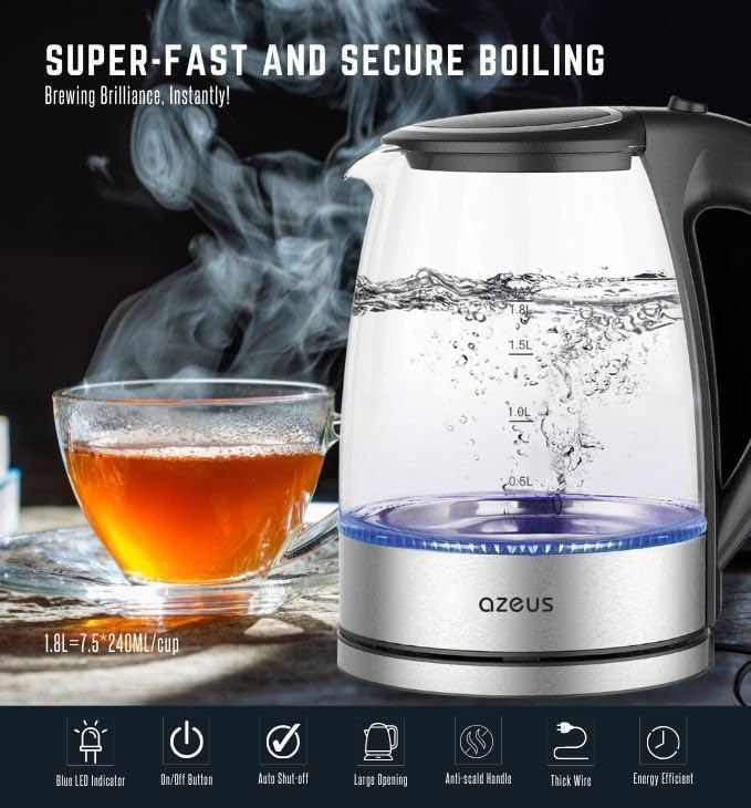 AZEUS Glass Electric Kettle, Fast Boil, Auto-Shutoff & Anti-Dry Heat