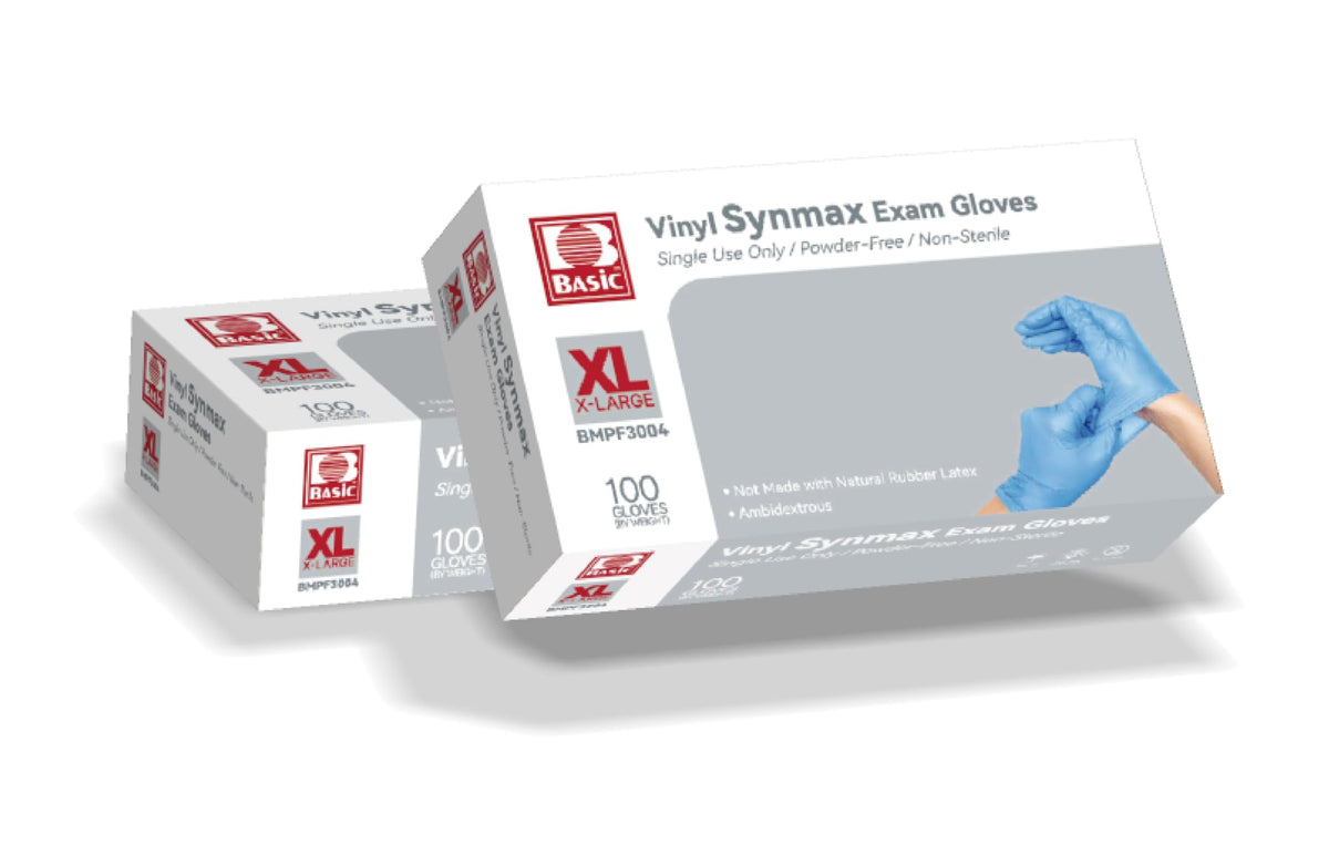 Basic Medical Synmax Vinyl Exam Gloves - Latex-Free & Powder-Free - X-Large, BMPF-3004(Case of 1,000)