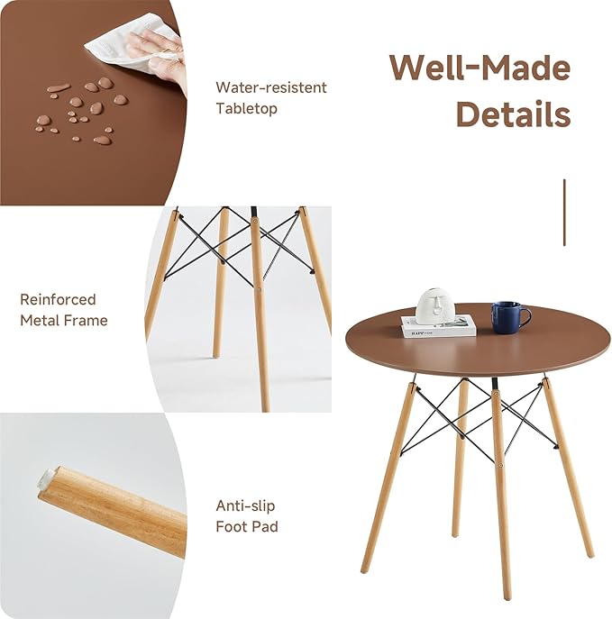 Round Dining Table Set for 4 31.5" Wood Dinner Table Circle Dining Table Kitchen Table Chairs Set of 4 with Wood Strip Base for Kitchen Living Room Space Saving Apartment(Brown)