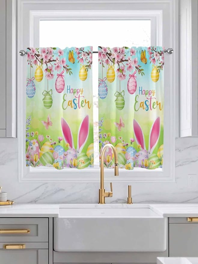 Easter Kitchen Curtains 45 Inches length, Spring Bunny Colorful Rabbit Eggs
