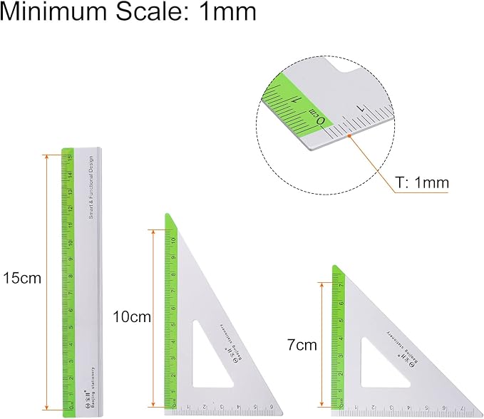 HARFINGTON 4pcs Geometry Set 15cm Metric Measure Ink Printing Aluminum Ruler Metal Ruler Set Triangle Protractor Ruler Tool Set for Classroom, Office, Home, Green