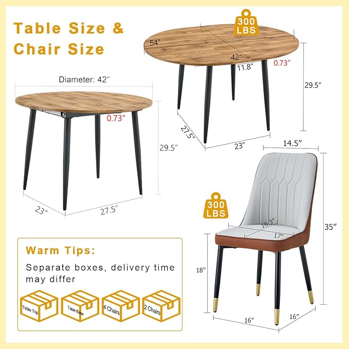 Round Dining Table Set for 6｜42"-54" Extendable Dining Table Set for 6｜0.73" Thick Wood Tabletop with Smooth Edge｜Black Metal Leg with Non-slip Footmat｜6 Soft PU Chairs｜Space Saving｜Easy Assembly