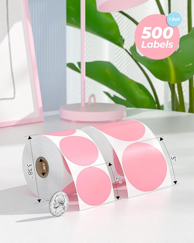 MUNBYN 3" Pink Circle & 3x2" White Thermal Sticker Labels - 1000 Count (500 Pink, 500 White) - Compatible with Munbyn, Rollo, Idrpt & More
