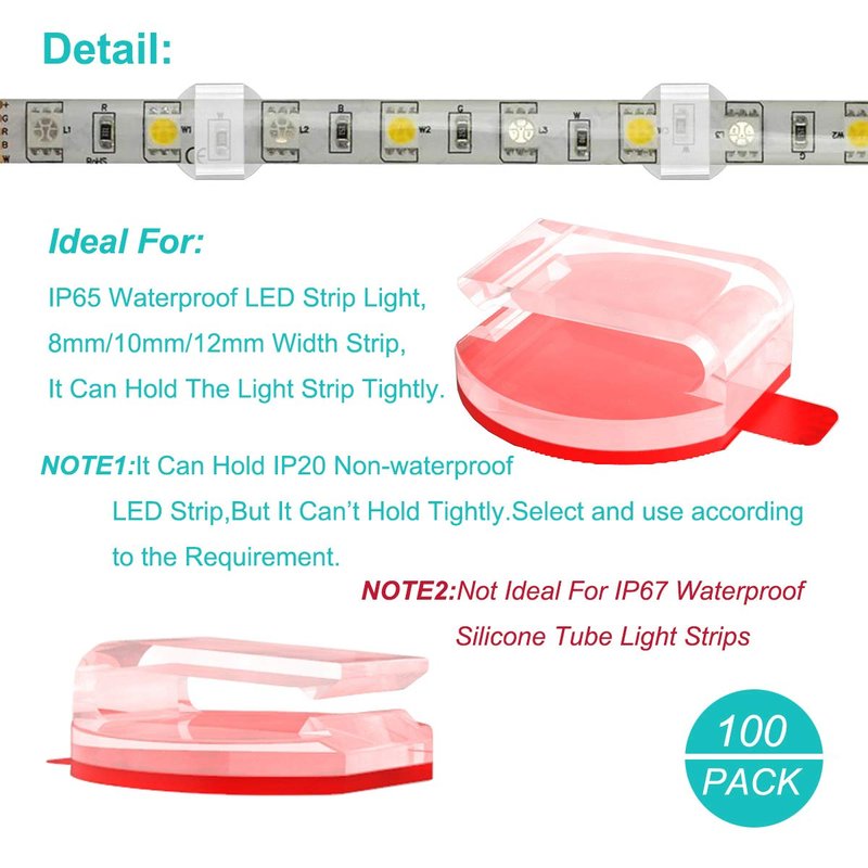 ATB- Clear LED Strip Light Mounting Clips,100 Pack Self-Adhesive Brackets Holders for10mm 12mm Waterproof LED Strips, USB Cable Management Clips for Wires Under 0.12 Inch Diameter, Strong V-HB Tape