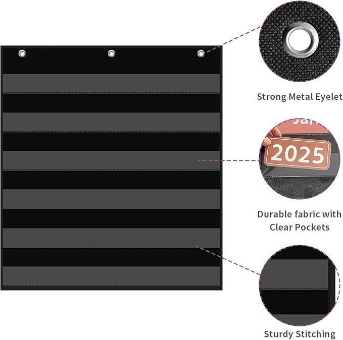 20”W x 25”H Classroom Words Pocket Chart with 6 Clear Pockets, Black Standard Pocket Chart for Classroom and Home for Sentence Strips, Reusable Clear Pocket Hanging Words Chart (Black)