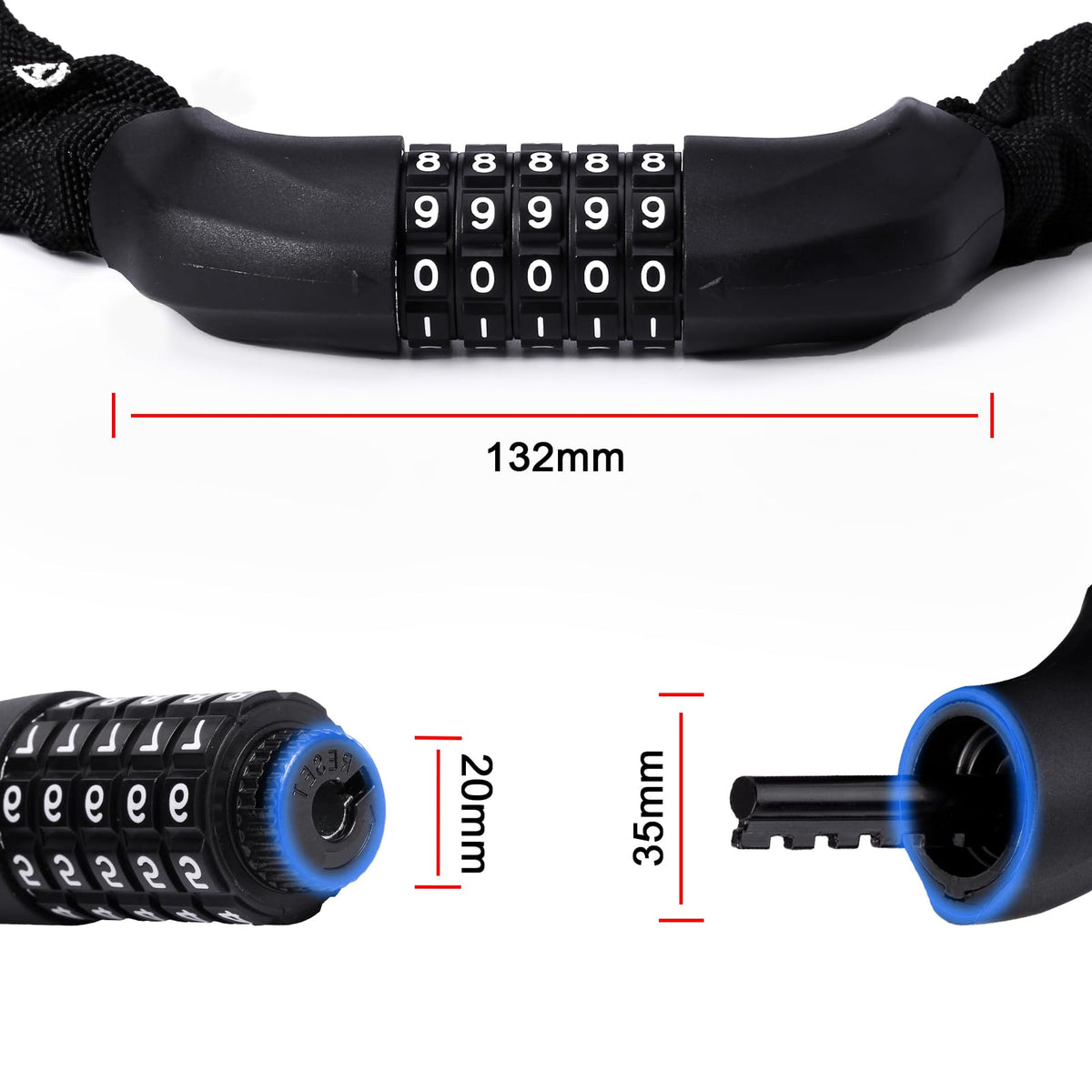 MEETLOCKS 3.2ft Bike Chain Lock,5 Digit Combination High Security Anti Theft 6mm Heavy Duty Resettable Keyless Bicycle Lock for Bicycle Scooter Motorcycle Door Gate