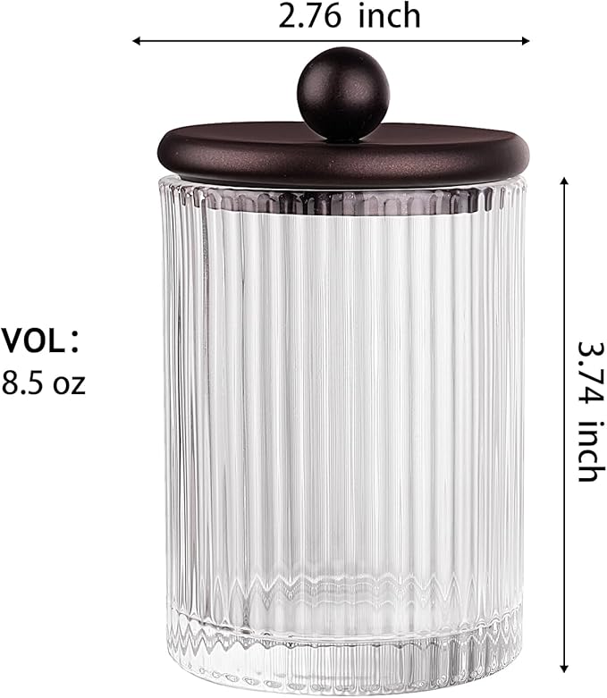 SheeChung 1-Pack Bronze Ribbed Glass Qtip Holder - Apothecary Jar Bathroom Organizer with Metal Lid - Small Vanity Canister for Cotton Swabs, Rounds, Floss Picks - Modern Luxury Decor