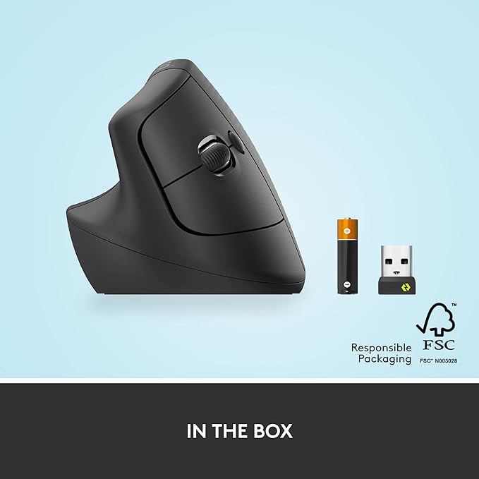 Logitech Lift Left Vertical Ergonomic Mouse, Left-Handed, Wireless, Bluetooth or Logi Bolt USB, Quiet clicks, 4 Buttons, Compatible with Windows/macOS/iPadOS, Laptop, PC - Graphite