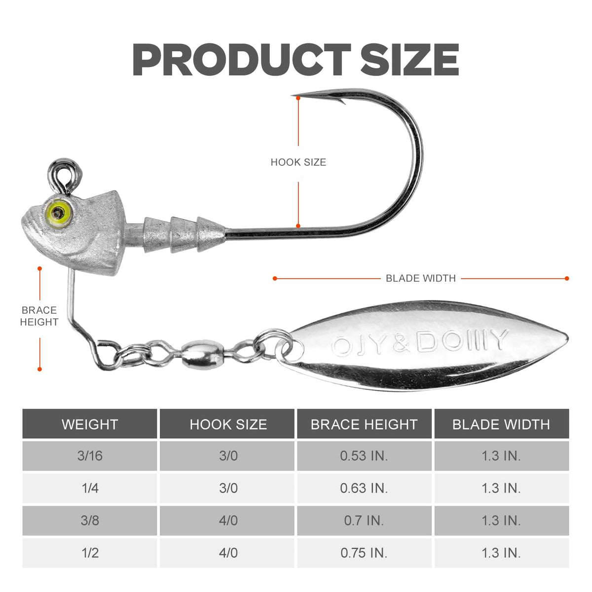 6-Pack Underspin Jig Heads with 100% Brass Blade (Never Rust) - 3/16oz, 1/4oz, 3/8oz, 1/2oz - Bass & Saltwater Fishing