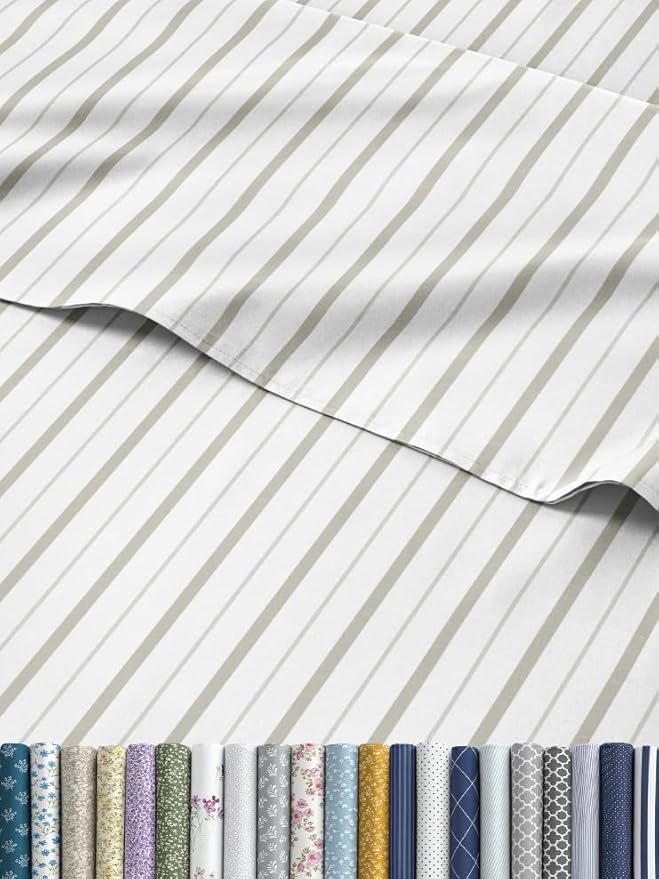 Striped Sheets - Light Grey & White Striped Sheets - 1 Flat & 1 Fitted & 2 Pillowcases w/ Deep Pockets – Wrinkle & Fade Free - Soft Breathable & Cooling – Luxury Pinstripe Bedding - Queen Size Bed Set