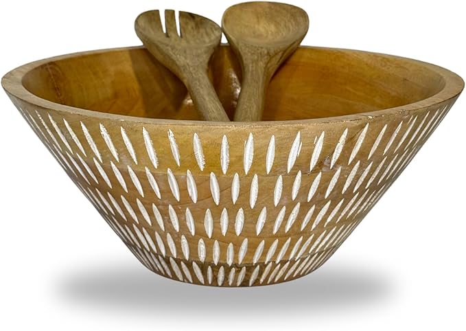 Perilla Home Wooden salad bowl | 12 inch x 5 inch | Handmade White Dot Salad Bowl
