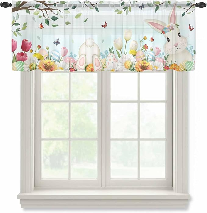 Easter Sheer Valances for Windows 60"x18", Light Filtering Kitchen Curtains
