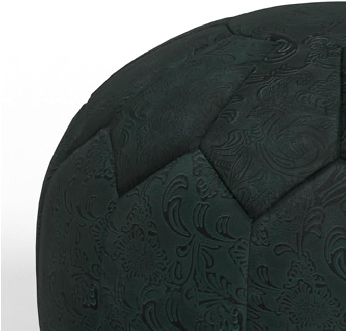 SIMPLIHOME Drury Boho Round Pouf in Teal Patterened Genuine Leather for the Living Room, Bedroom and Kids Room