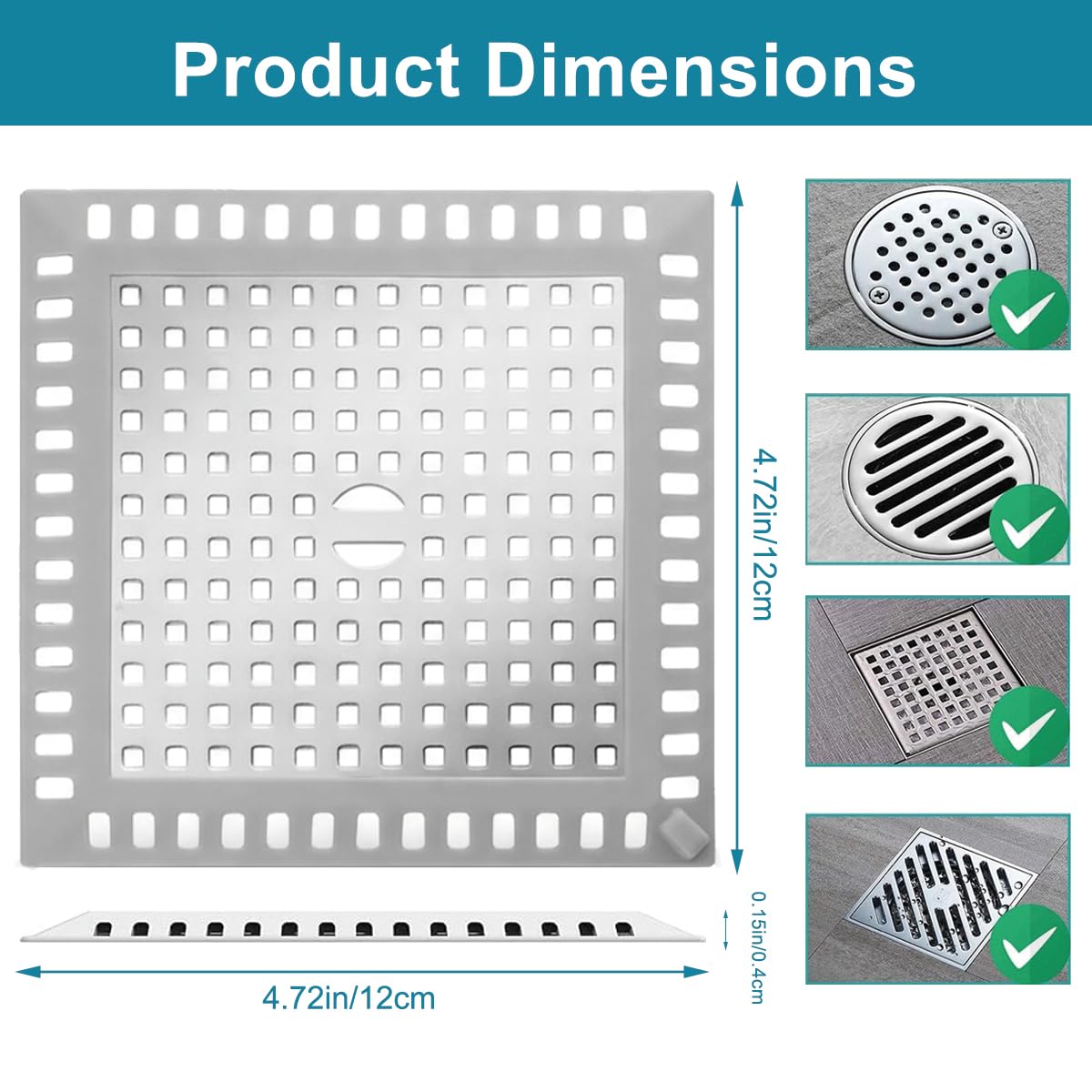 Folklyzo Drain Hair Catcher, 2pcs Square Shower Drain Cover for Bathroom, Drain Strainer, Stainless Steel and Silicone (Square)